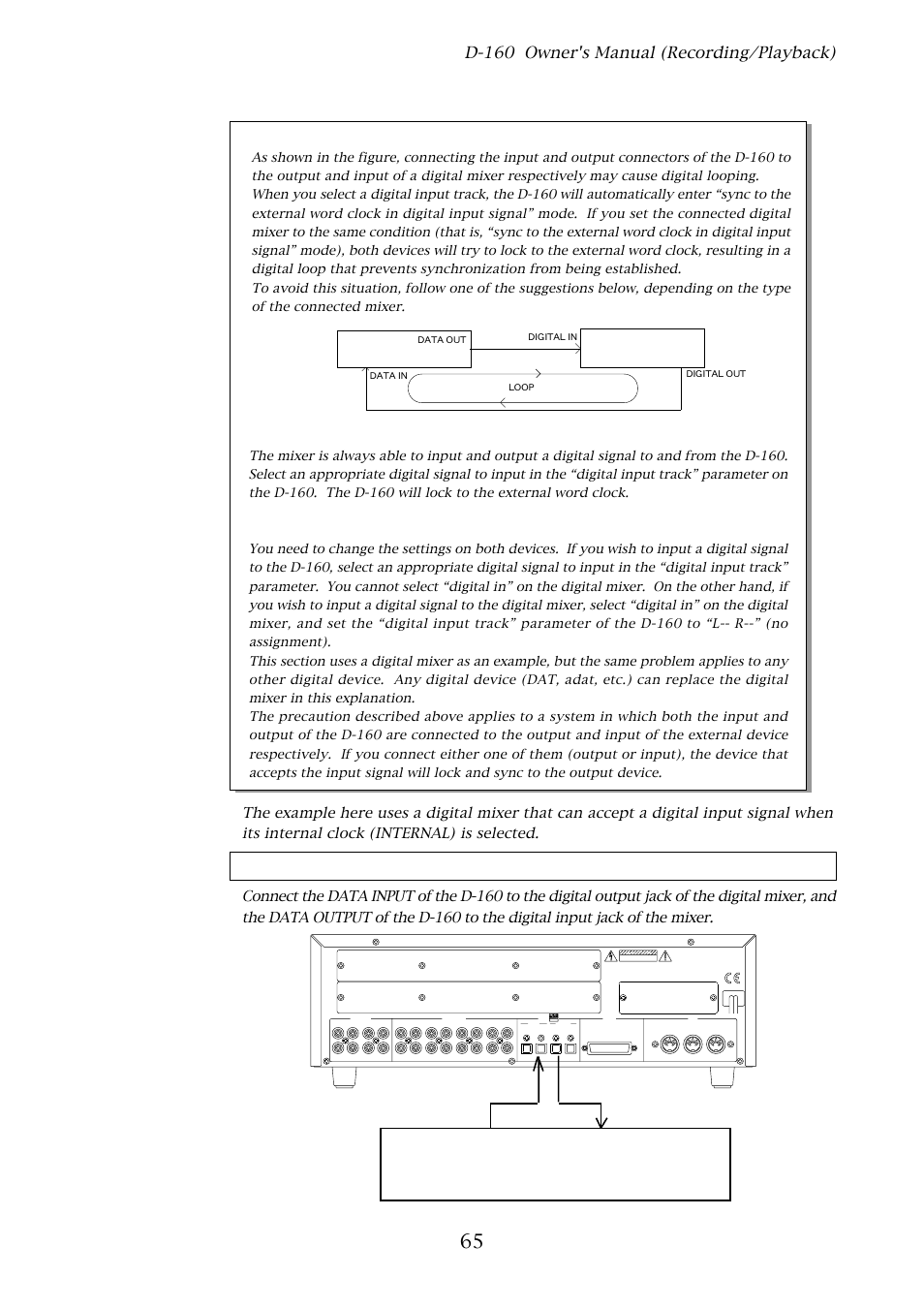 3. connecting a digital mixer, Digital mixer, D-160 owner's manual (recording/playback) | About digital loop, Connecting a digital mixer, Optical, Ne pas ouvrir :risque de choc electrique, Do not open risk of electric shock, D-160 digital mixer, Digital out digital in | Fostex D-160 User Manual | Page 65 / 196