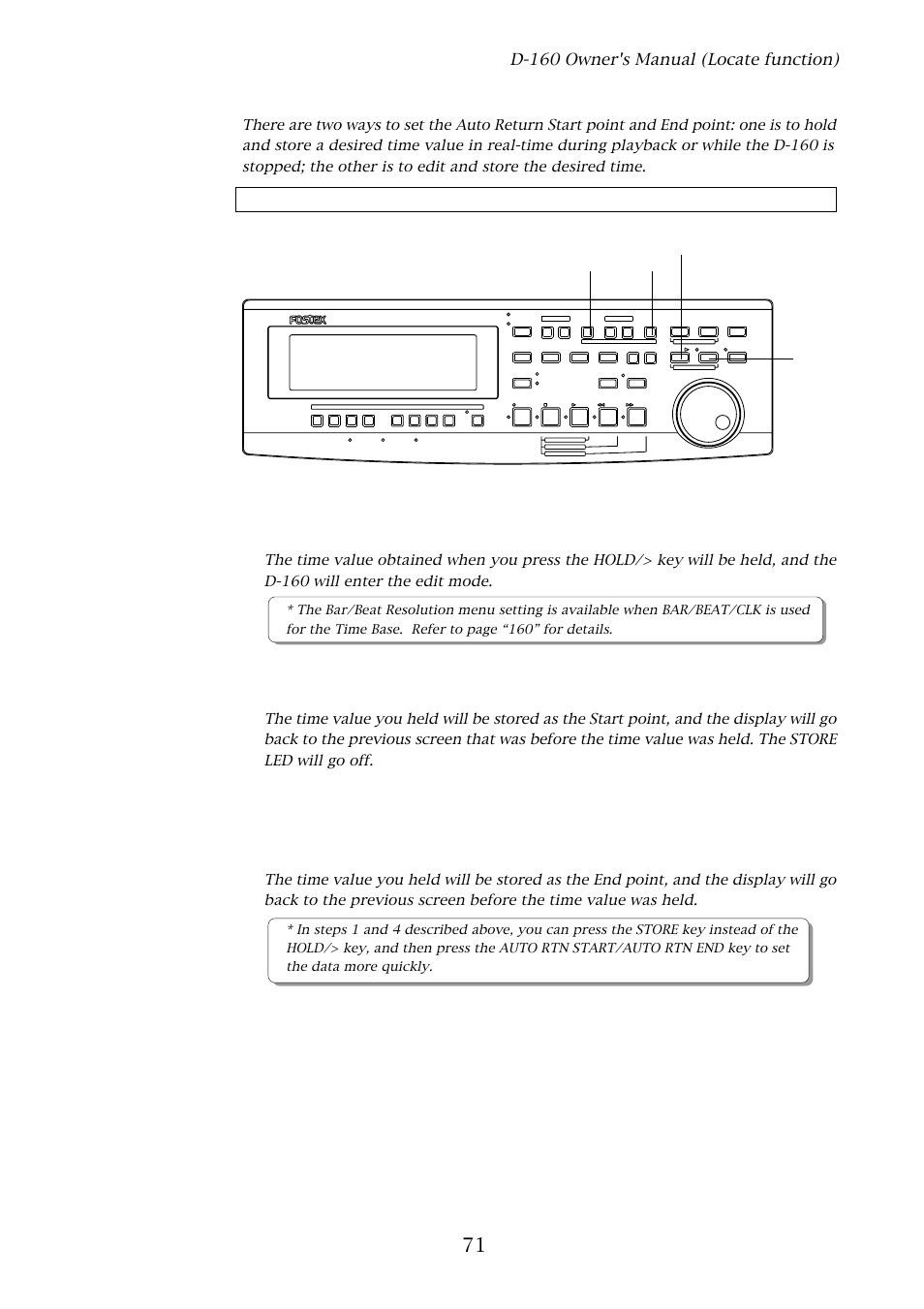 1. setting the auto return start/end point, Storing the start/end point in real-time, D-160 owner's manual (locate function) | D-160 | Fostex D-160 User Manual | Page 71 / 196