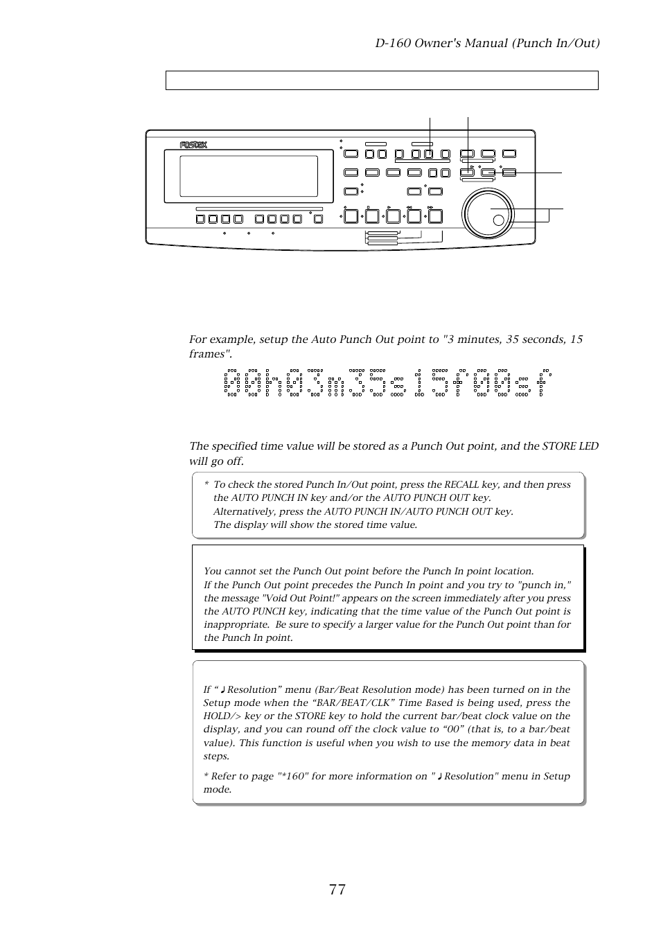 Storing the punch out point, Hints, D-160 owner's manual (punch in/out) | Press the hold/> key to enter edit mode, D-160 | Fostex D-160 User Manual | Page 77 / 196