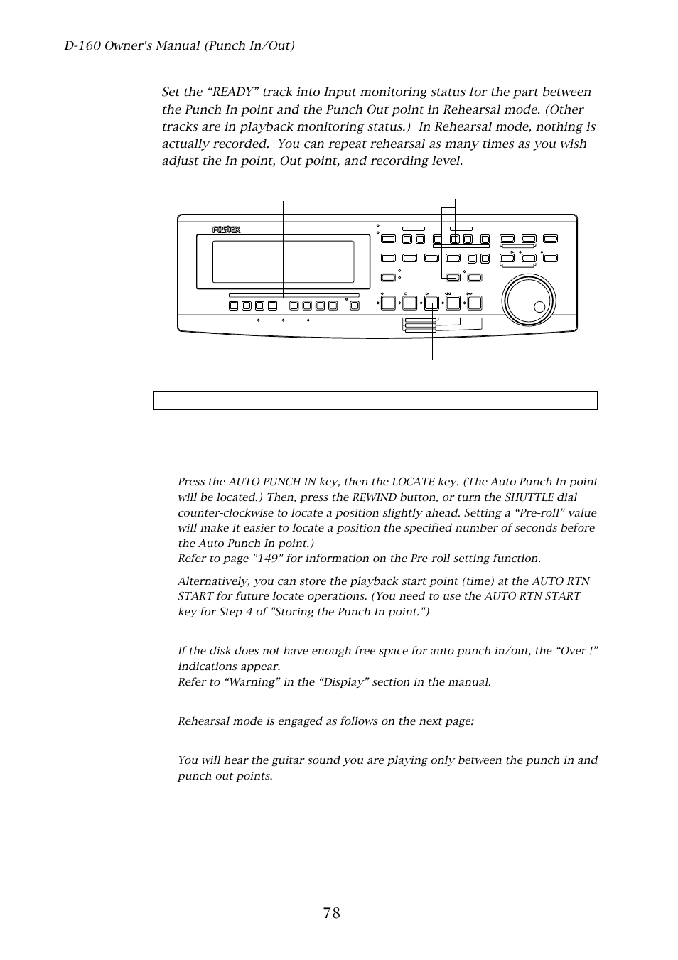 2. auto punch in/out rehearsal mode, Rehearsal, D-160 owner's manual (punch in/out) | Press the play button, D-160 | Fostex D-160 User Manual | Page 78 / 196
