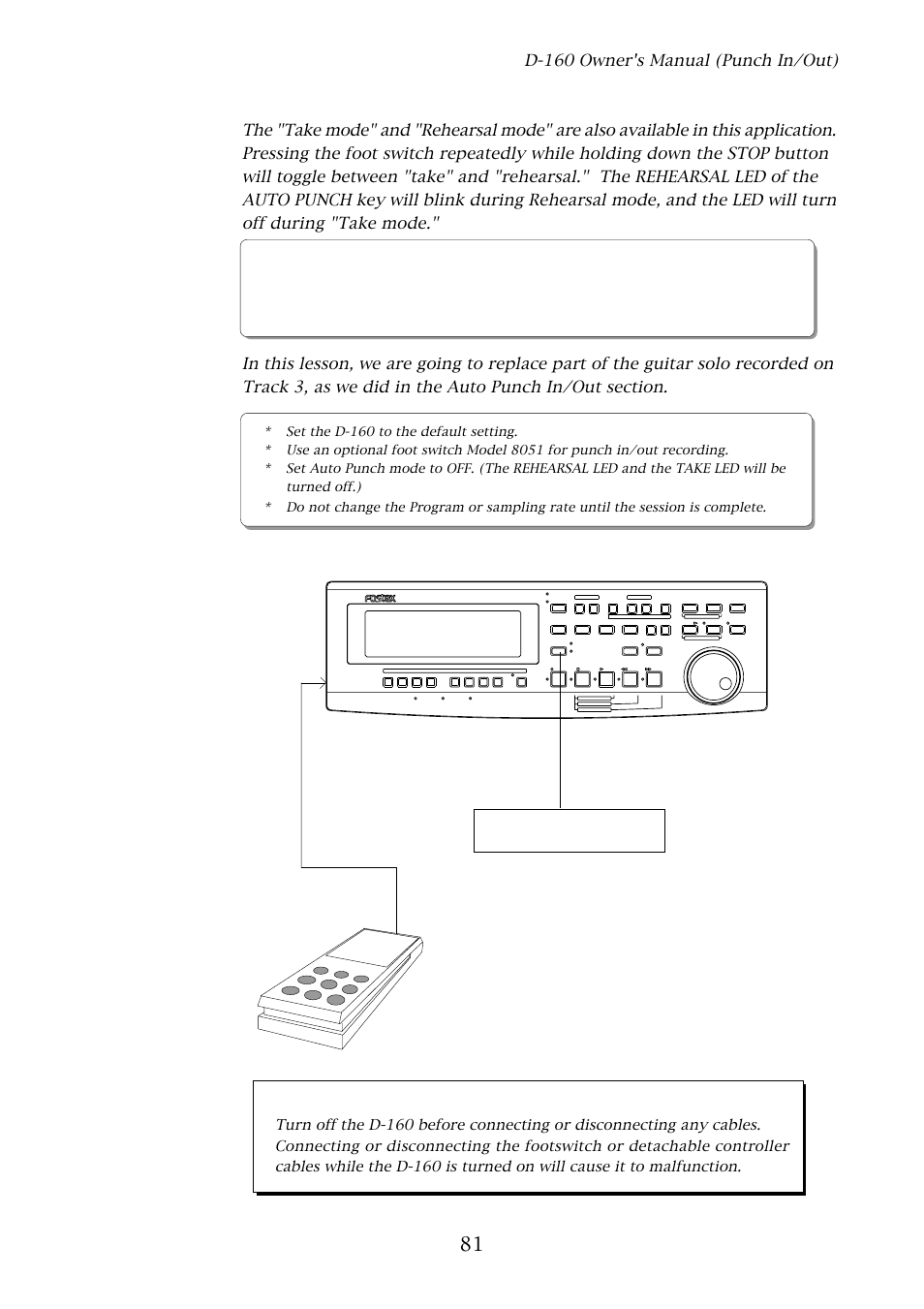 Punch in/out recording using a foot switch, Caution, D-160 owner's manual (punch in/out) | Foot switch model 8051, D-160, Off (rehearsal led/take leds will go off.) | Fostex D-160 User Manual | Page 81 / 196