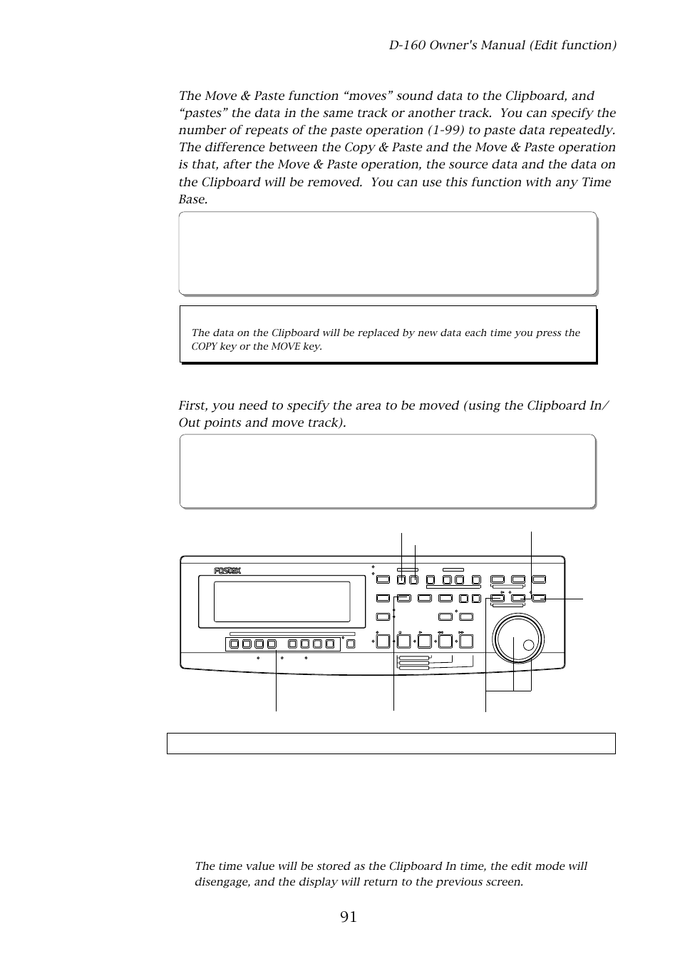 Move & paste, 1. moving, Entering and storing the clipboard in point | D-160 owner's manual (edit function), D-160 | Fostex D-160 User Manual | Page 91 / 196