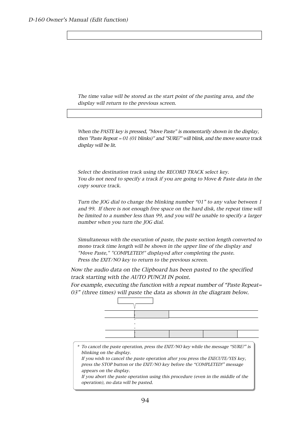 Entering and storing the paste punch in point, Executing the paste operation | Fostex D-160 User Manual | Page 94 / 196