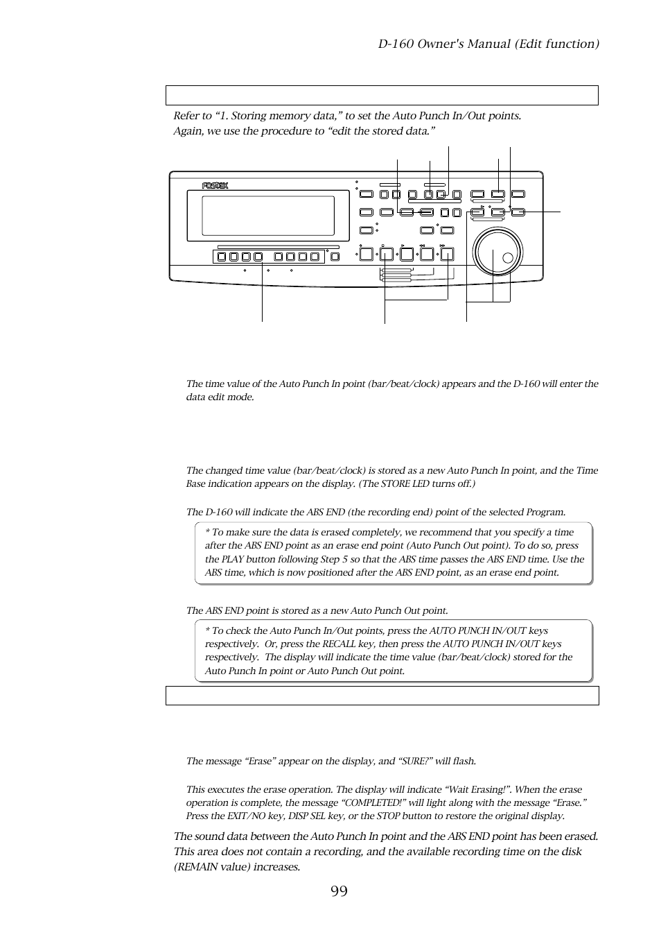 D-160 owner's manual (edit function), Press the store key, then the auto punch out key, Press the execute/yes key | D-160 | Fostex D-160 User Manual | Page 99 / 196