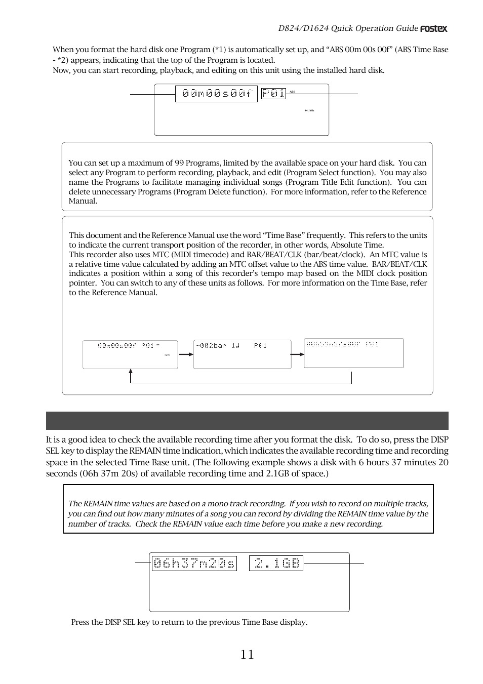 Checking the available recording time, 1) program, 2) time base | Abs time base bar/beat/clk time base mtc time base, Program number abs time base | Fostex D824 User Manual | Page 11 / 28