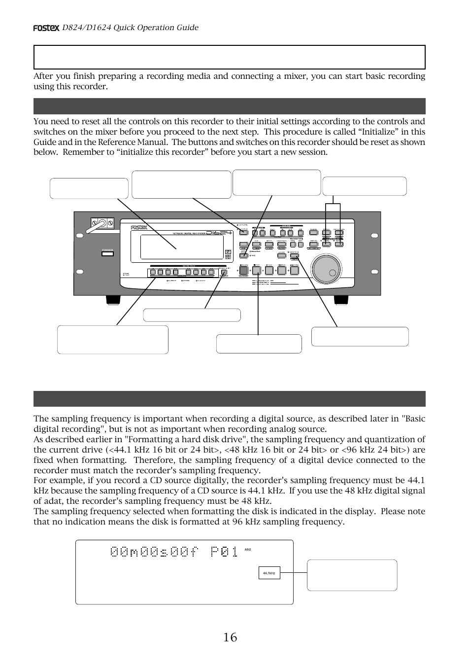 Basic recording, Initial settings, About sampling frequency | Fostex D824 User Manual | Page 16 / 28