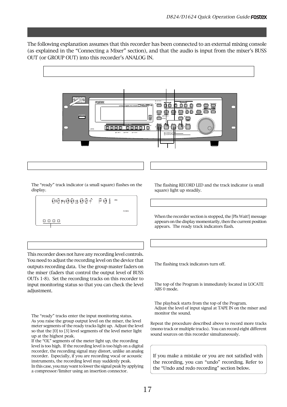 Basic analog recording, Starting recording, Stopping recording playing the recorded tracks | Undo and redo recording, Press the stop button, Press the play button | Fostex D824 User Manual | Page 17 / 28