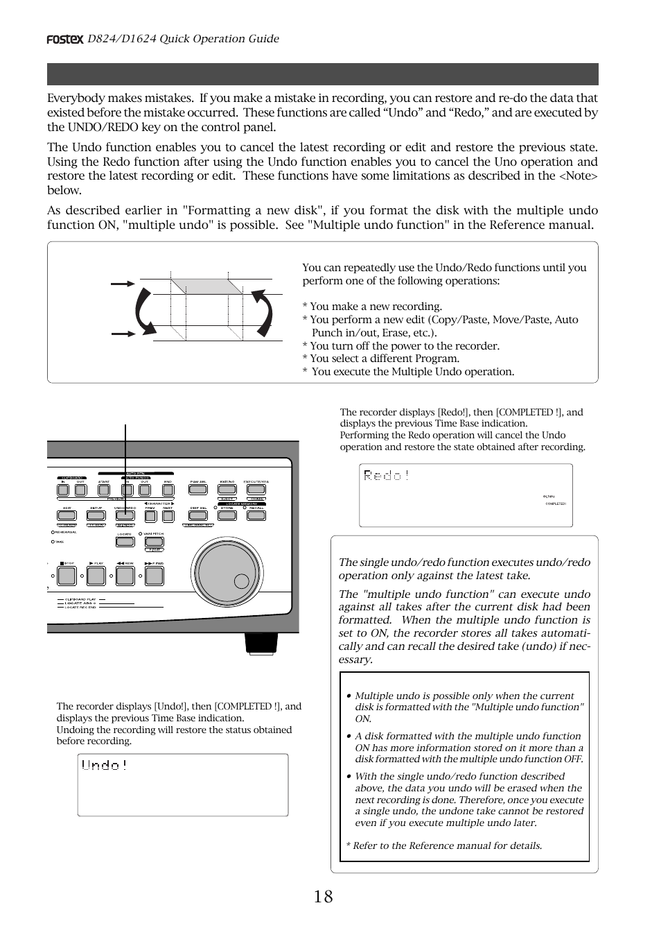 Undo and redo recording (single undo/redo), Hints, Undo/redo key) | Cautions for the multiple undo function | Fostex D824 User Manual | Page 18 / 28