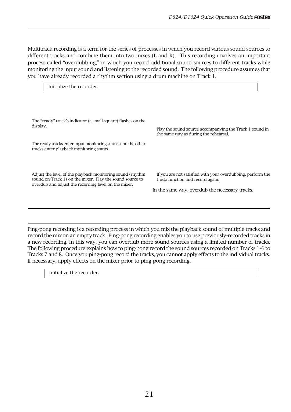 Multitrack recording using overdubbing, Ping-pong recording | Fostex D824 User Manual | Page 21 / 28