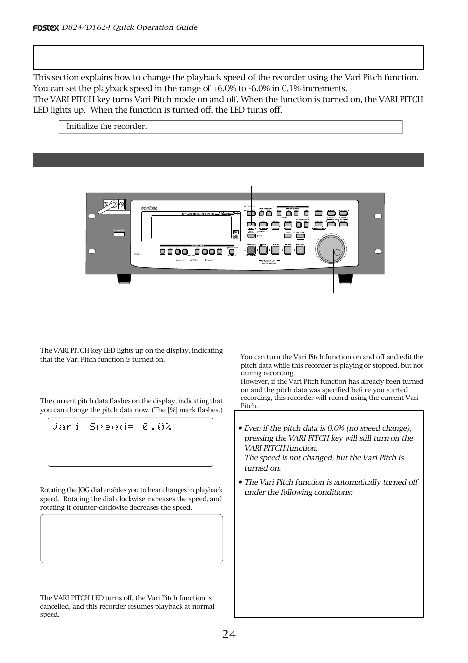 Playback using the vari-pitch function, Vari-pitch function procedures, Set the desired pitch data using the jog dial | Fostex D824 User Manual | Page 24 / 28