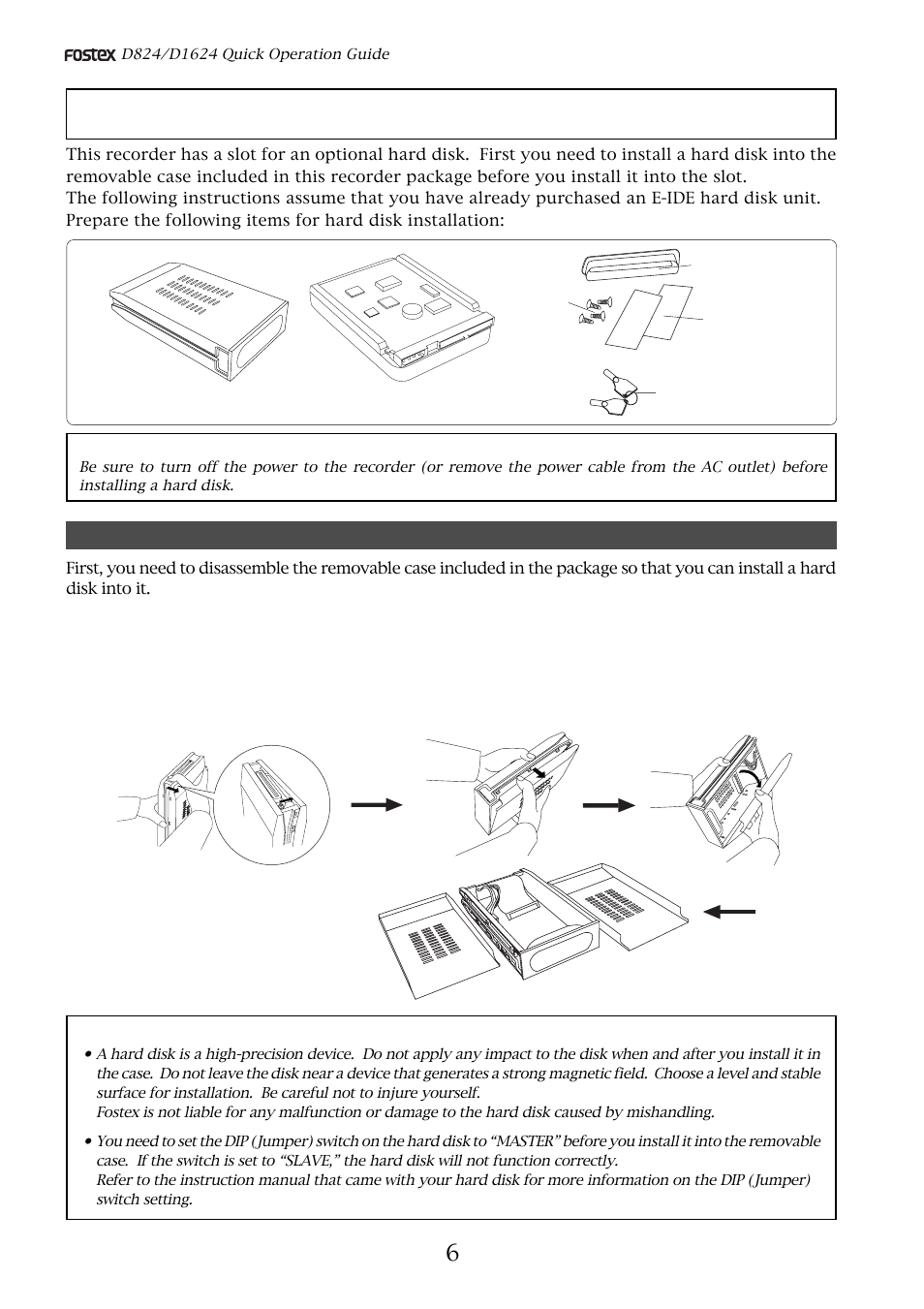 Preparation for the current drive, Installing a hard disk in a removable case | Fostex D824 User Manual | Page 6 / 28