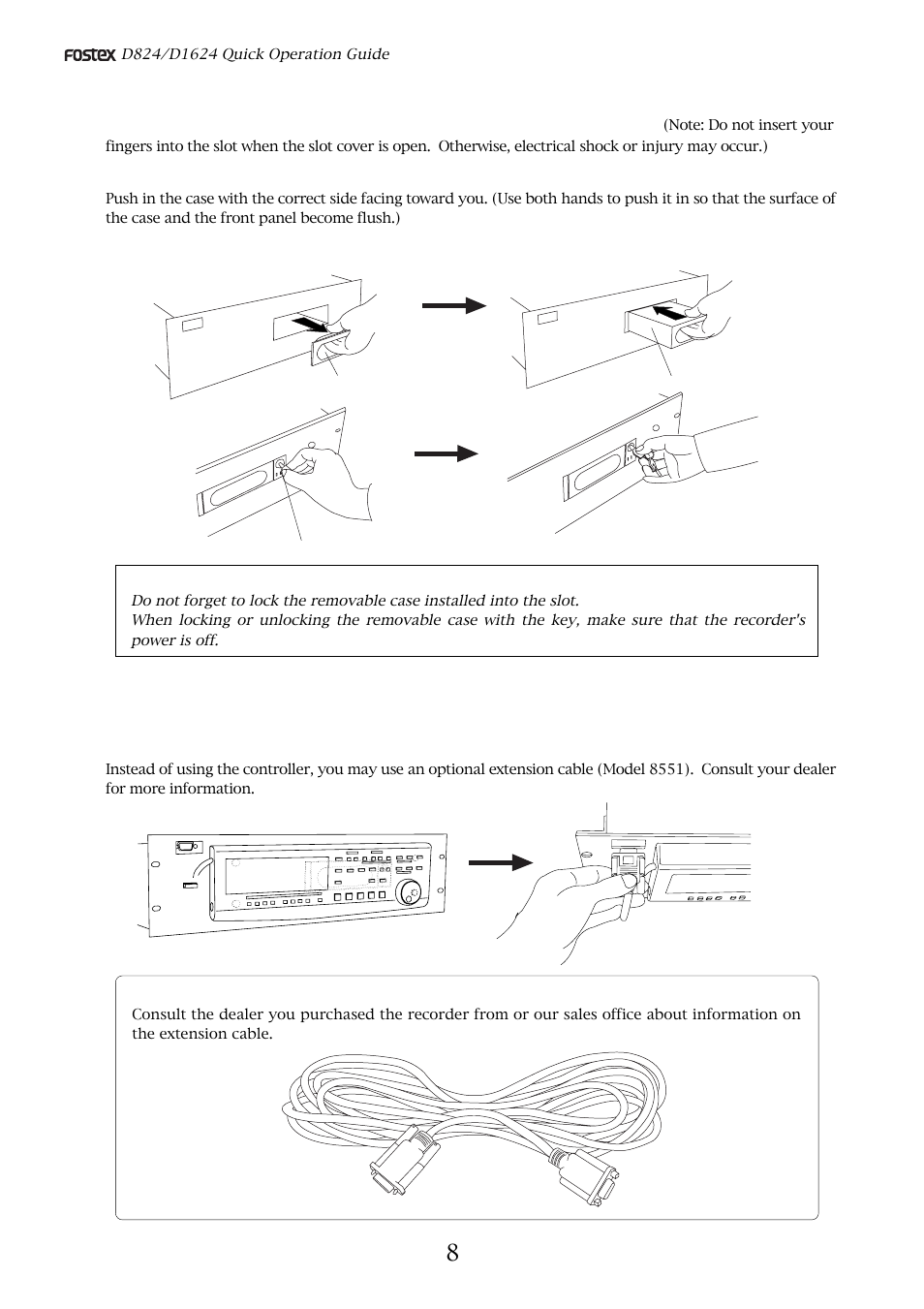 Installing the removable case in the recorder, Connecting a detachable controller | Fostex D824 User Manual | Page 8 / 28