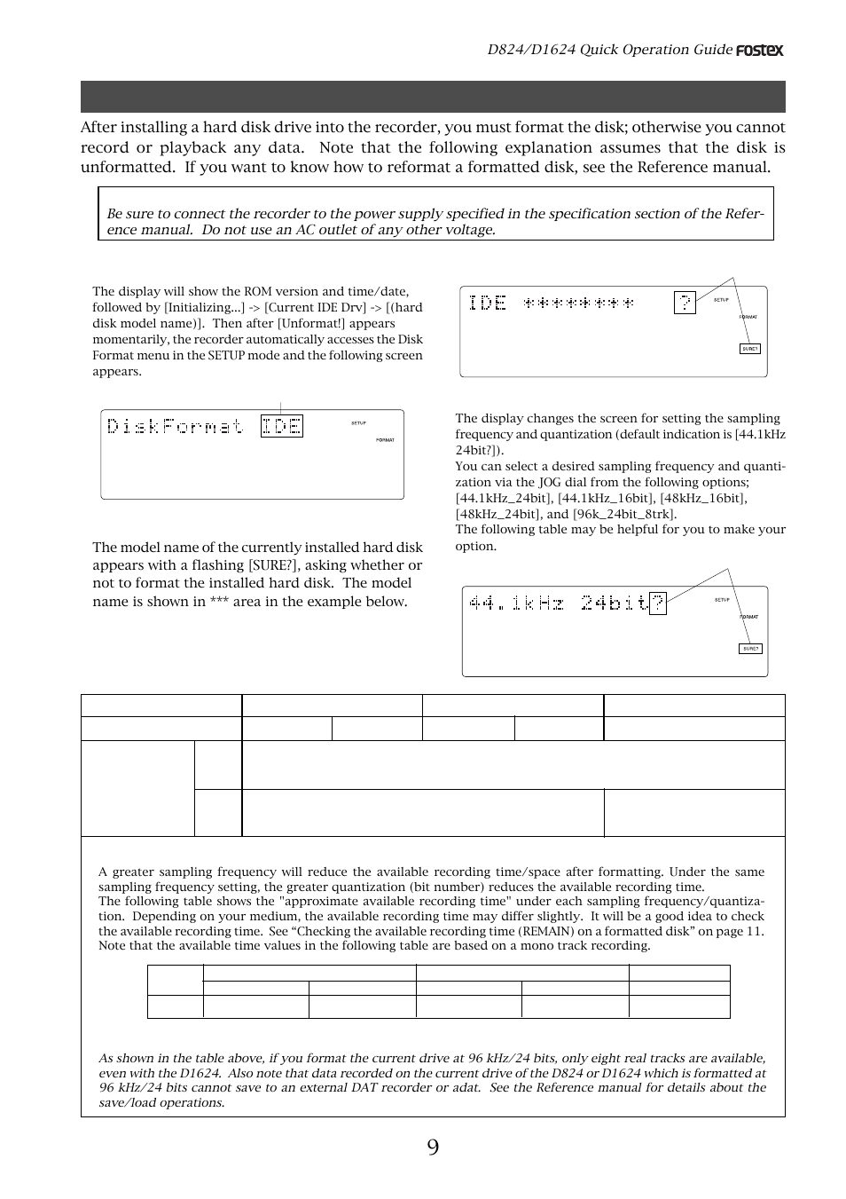 Formatting a hard disk drive, Turn the power on, Press the execute/yes key | Press the execute/yes key again, Caution, Capacity | Fostex D824 User Manual | Page 9 / 28