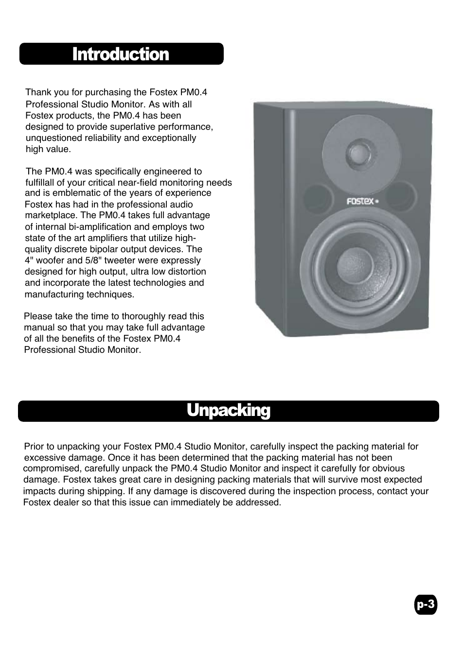 Introduction, Unpacking | Fostex PM0.4 User Manual | Page 3 / 7
