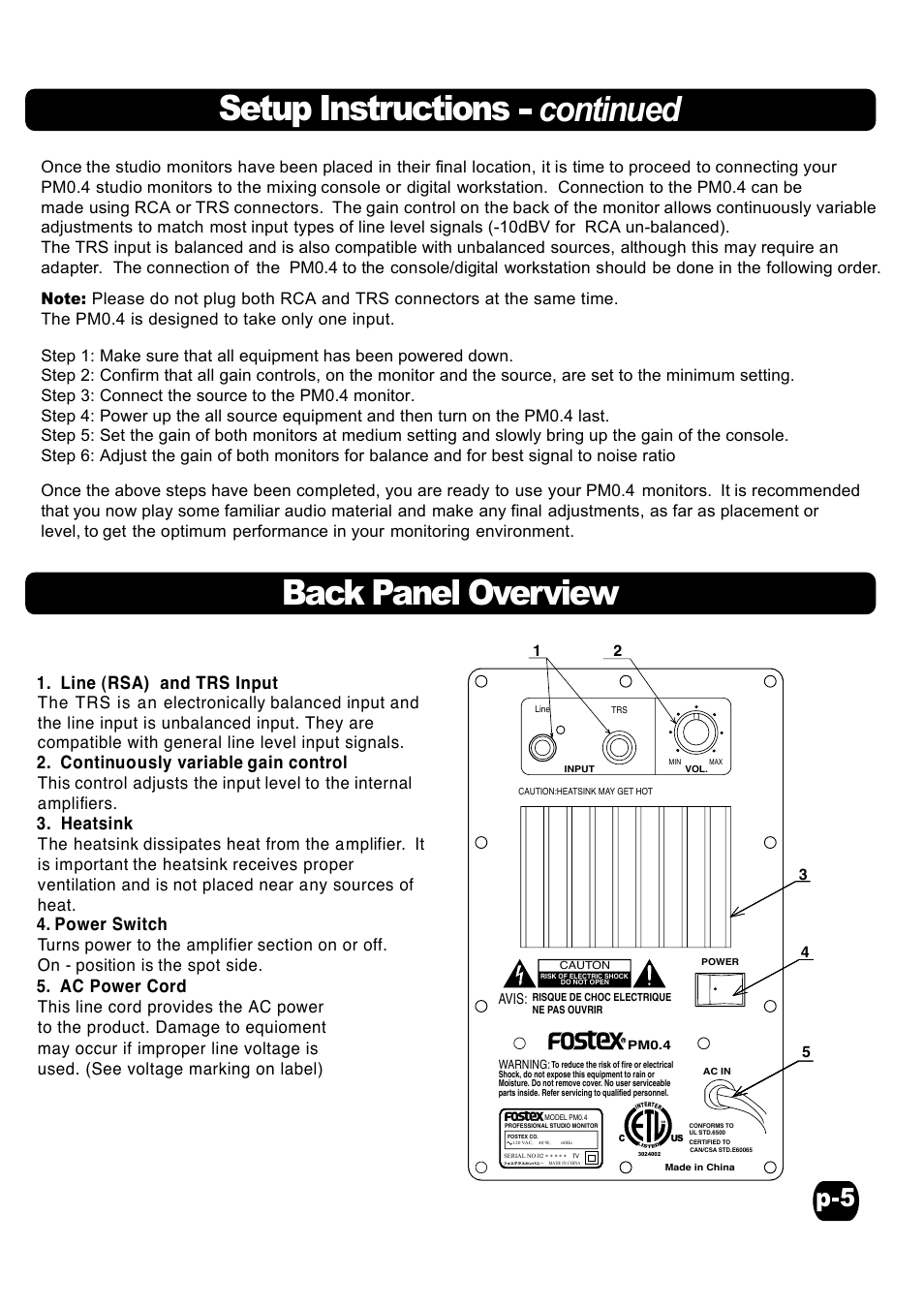 Setup instructions continued back panel overview, Line (rsa) and trs input, Continuously variable gain control | Heatsink, Power switch, Ac power cord | Fostex PM0.4 User Manual | Page 5 / 7