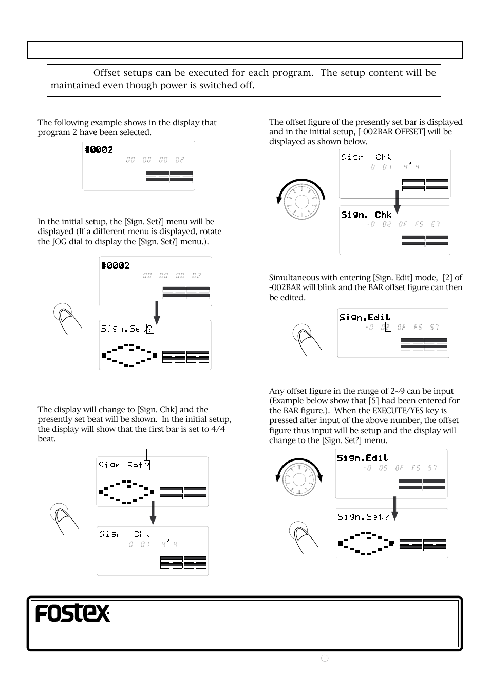 Setup procedures for bar/beat/clk offset, Switch to the setup mode by pressing the setup key, Then press the execute/yes key | Rotate the jog dial counter-clockwise, Press the execute/yes key, Fostex corporation of america, Blink, Blink c, Execute / yes execute / yes | Fostex Music Mixer User Manual | Page 2 / 2