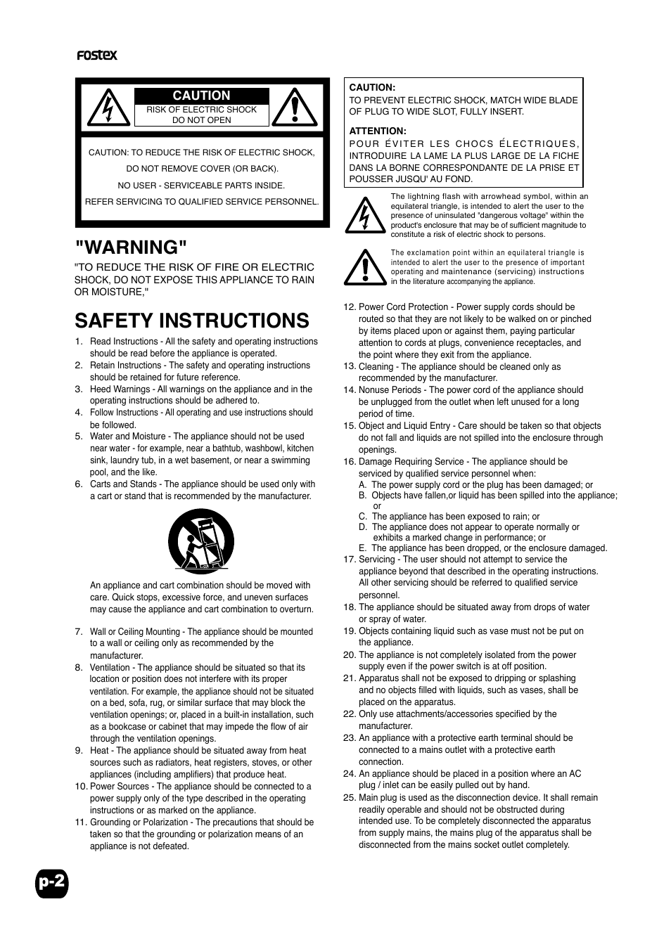 Safety instructions, Warning, Caution | Fostex Speaker User Manual | Page 2 / 7
