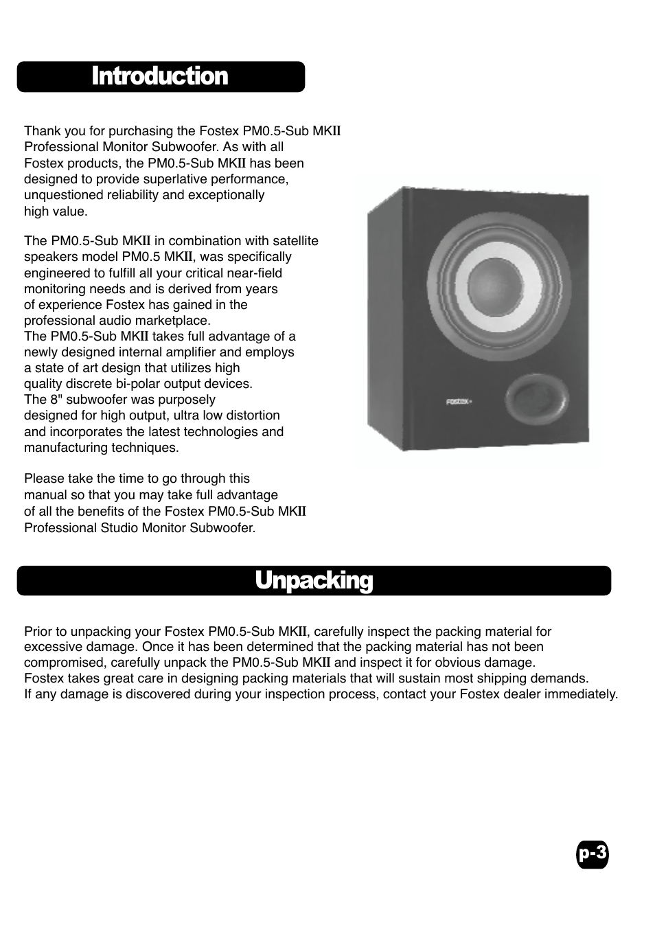 Introduction, Unpacking | Fostex Speaker User Manual | Page 3 / 7