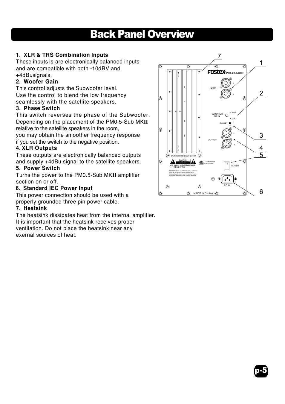 Back panel overview, Xlr & trs combination inputs, Woofer gain | Phase switch, Xlr outputs | Fostex Speaker User Manual | Page 5 / 7