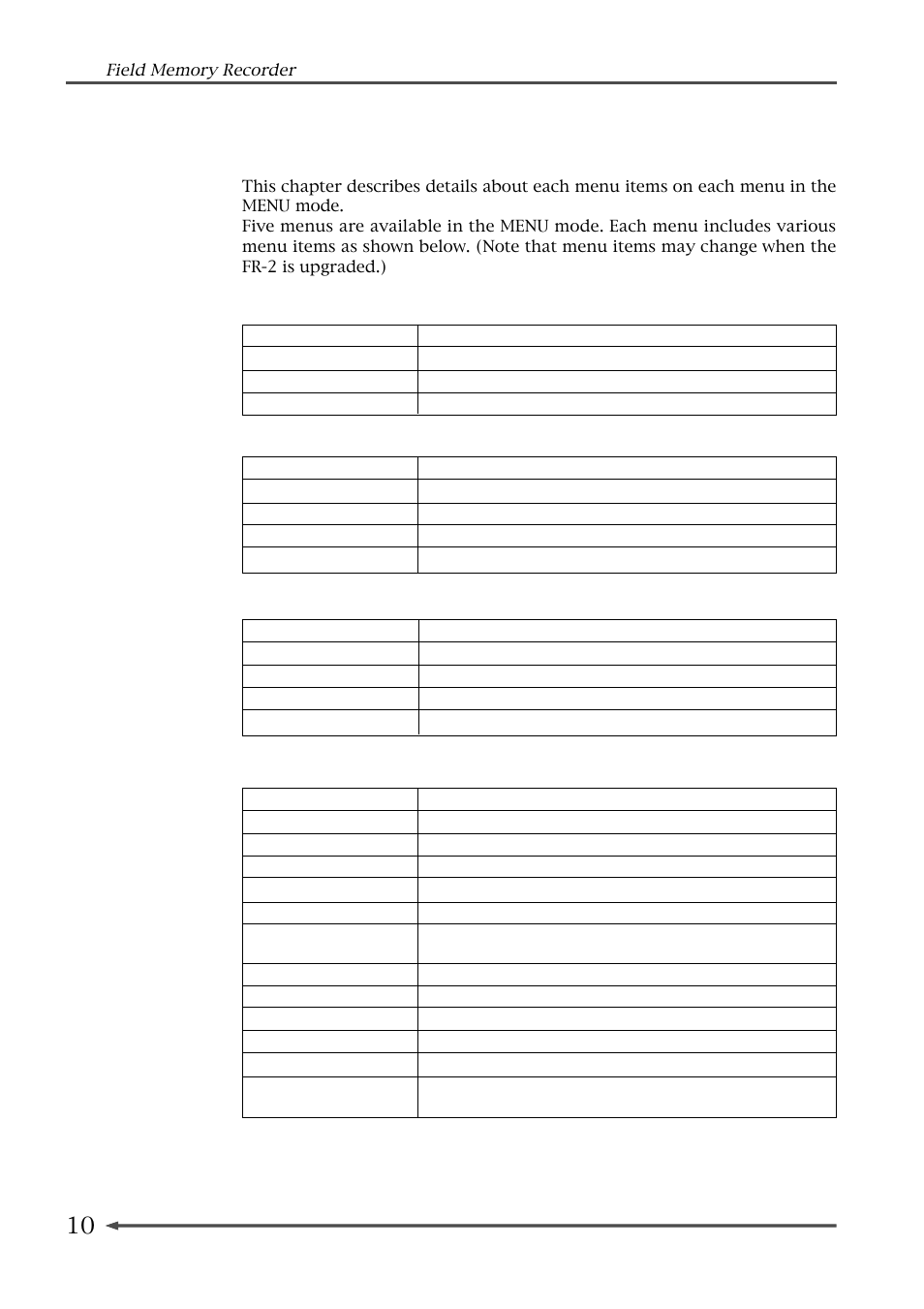 Chapter 6: menu mode | Fostex FR-2 User Manual | Page 10 / 110