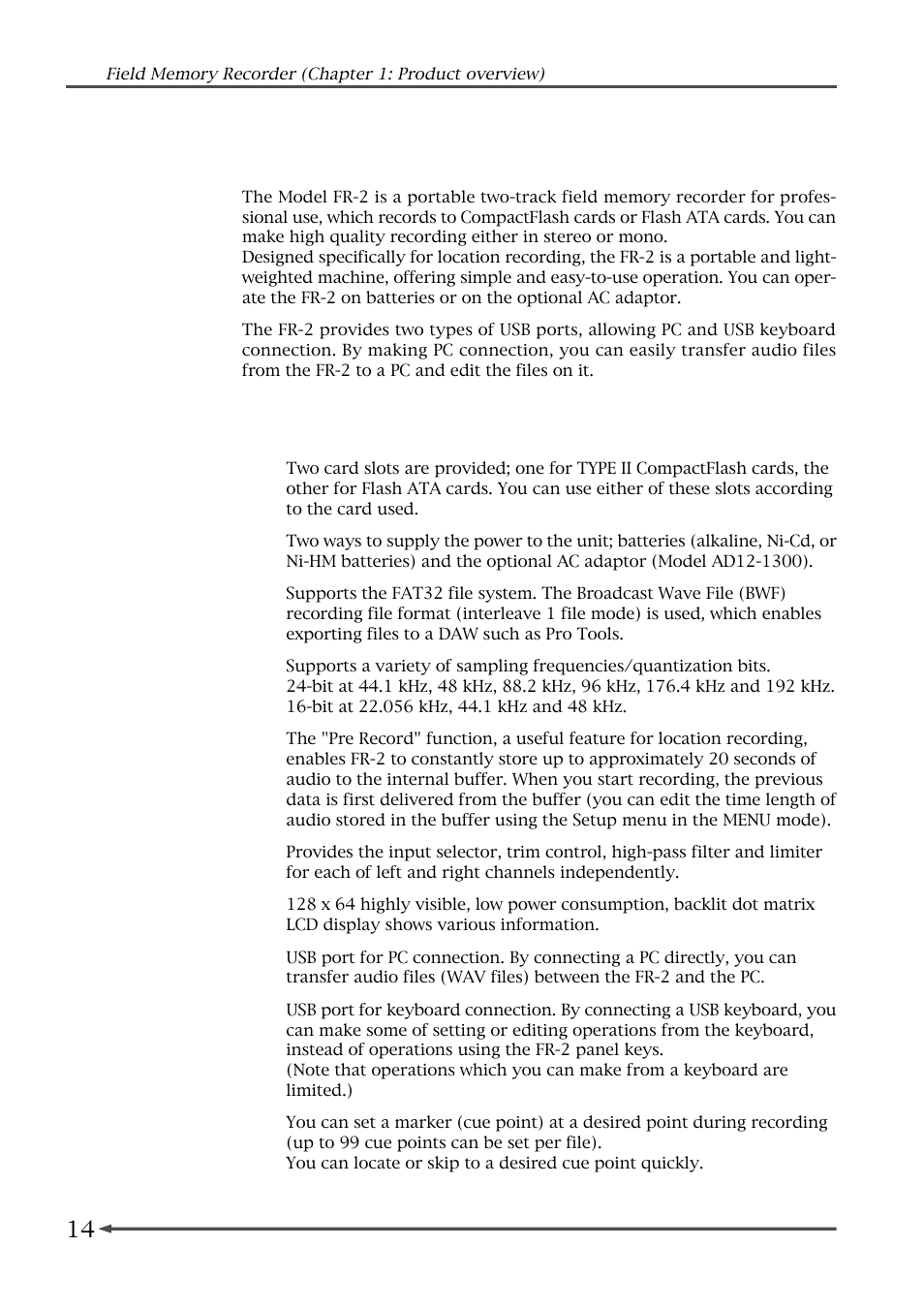 Overview, Main features | Fostex FR-2 User Manual | Page 14 / 110