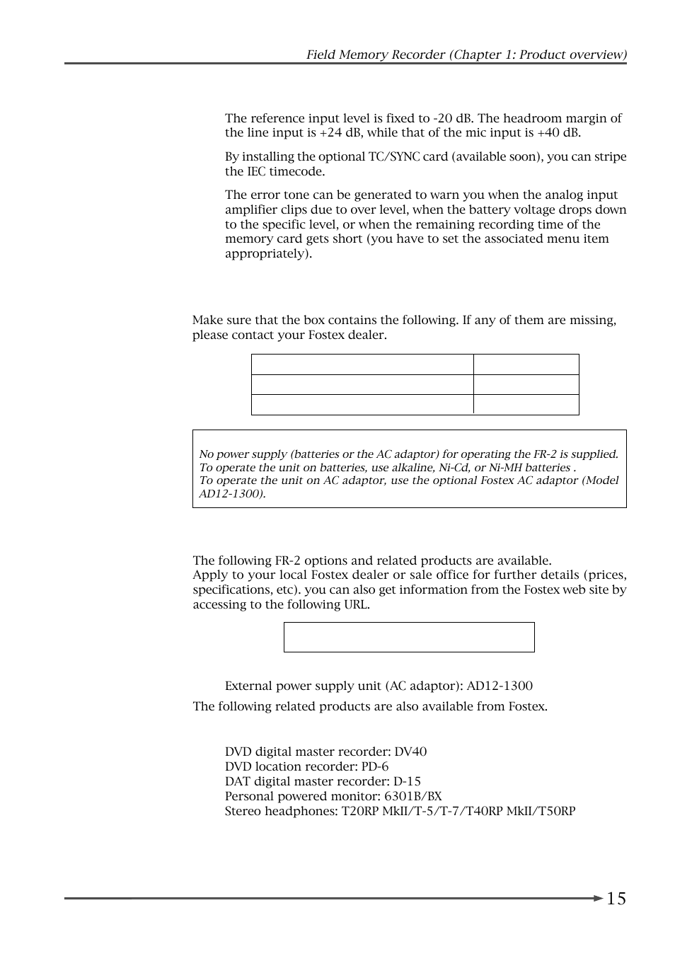 What is in the box, Fr-2 options and related fostex products | Fostex FR-2 User Manual | Page 15 / 110