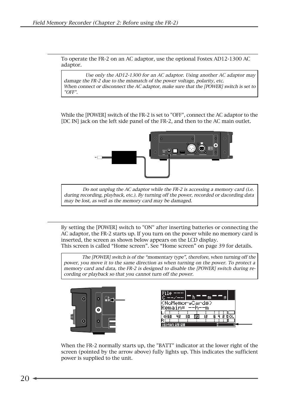 Operating the fr-2 on the ac adaptor, Connecting the ac adaptor, Turning on the power | Fostex FR-2 User Manual | Page 20 / 110