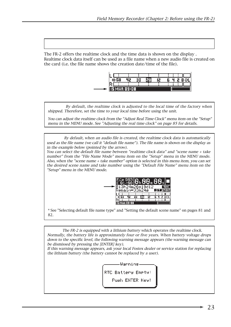 Setting the realtime clock | Fostex FR-2 User Manual | Page 23 / 110