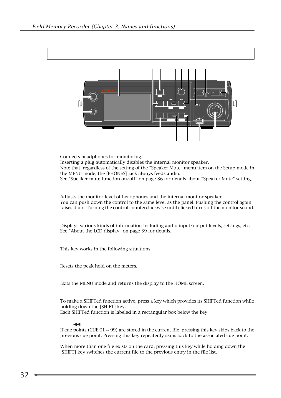 Front panel, 1) [phones] jack, 2) [sp/hp monitor] control | 3) lcd display, 4) [home/hold reset] key, While the home screen is shown, 5) [shift] key, 6) [cue ] key | Fostex FR-2 User Manual | Page 32 / 110