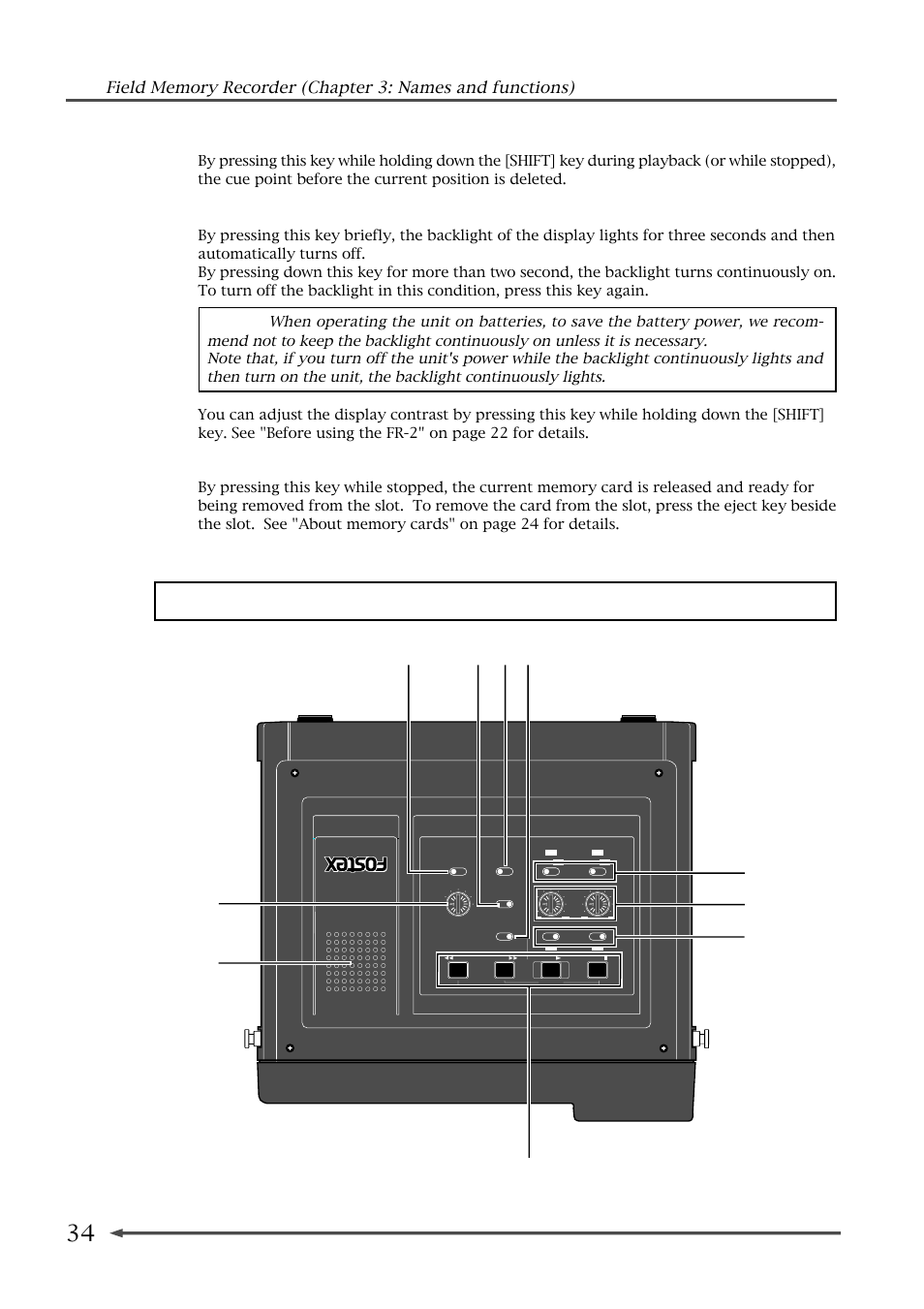 Top panel, 15) [light - contrast] key, 16) [card release] key | Fostex FR-2 User Manual | Page 34 / 110