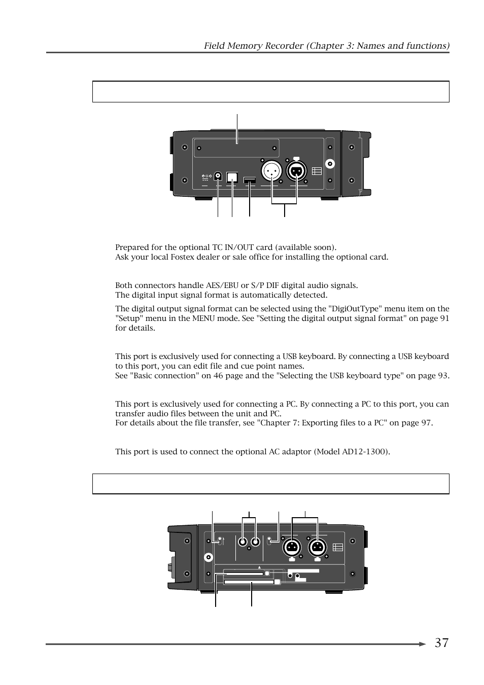 Left side panel right side panel, 28) [digital in]/[digital out] connectors, 29) [usb (keyboard only] port | 30) [usb (pc only)] port, 31) dc in jack | Fostex FR-2 User Manual | Page 37 / 110