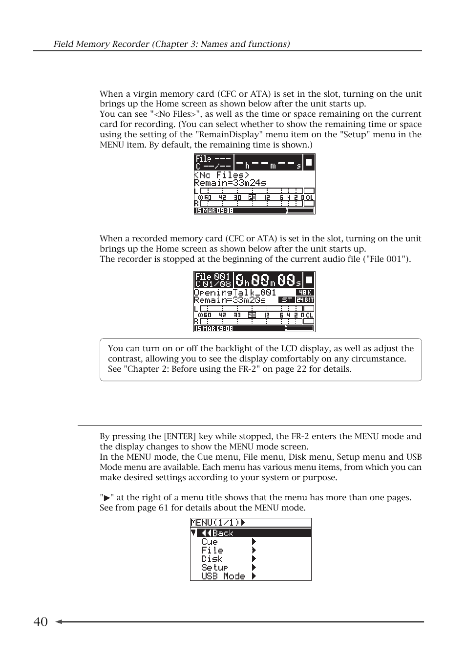 Menu mode screens | Fostex FR-2 User Manual | Page 40 / 110