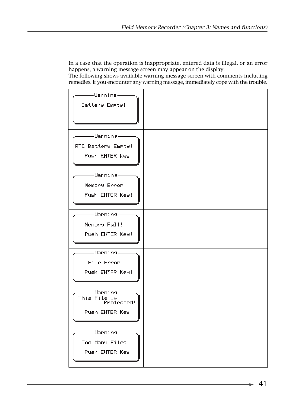 41 warning message screen | Fostex FR-2 User Manual | Page 41 / 110