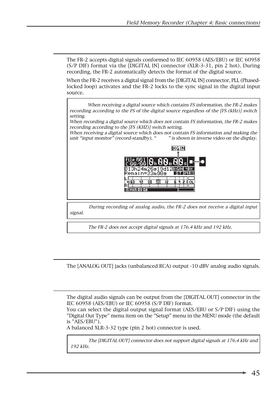 Analog audio outputs, Digital audio input, Digital audio output | Fostex FR-2 User Manual | Page 45 / 110