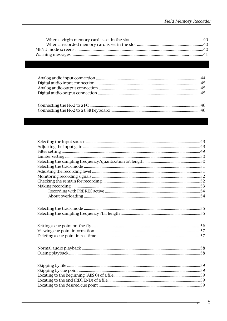 5chapter 4: basic connections, Chapter 5: recording / playback | Fostex FR-2 User Manual | Page 5 / 110