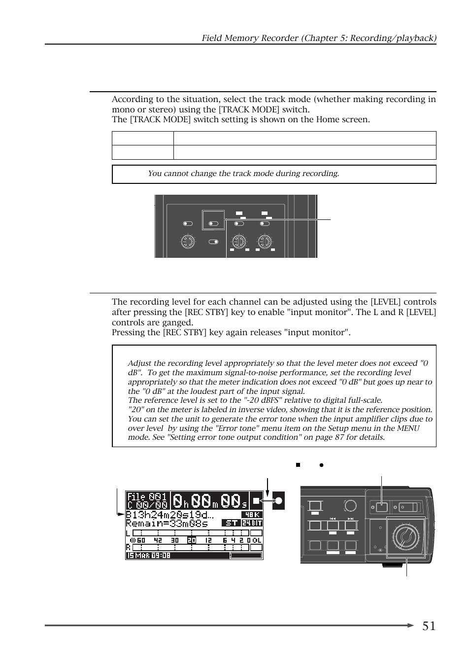 Adjusting the recording level, Selecting the track mode, Screen example during input monitor | Track mode] switch | Fostex FR-2 User Manual | Page 51 / 110