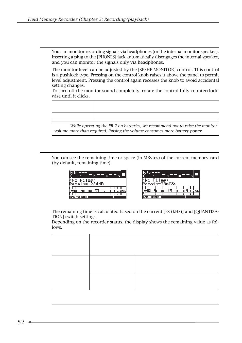 Monitoring recording signals, Checking the remain for recording | Fostex FR-2 User Manual | Page 52 / 110