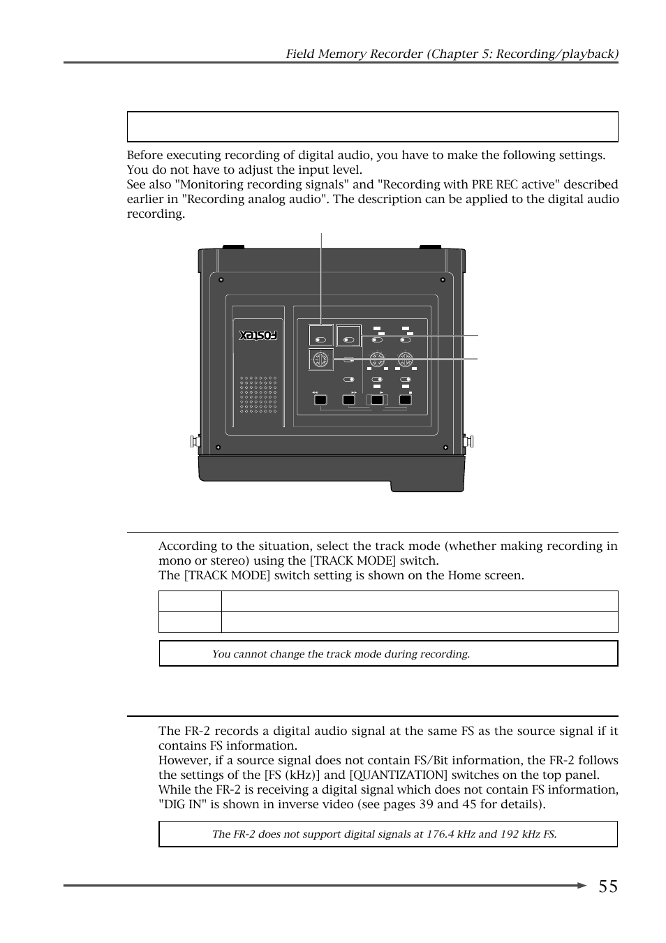 Recording digital audio, Selecting the track mode, You cannot change the track mode during recording | Fostex FR-2 User Manual | Page 55 / 110