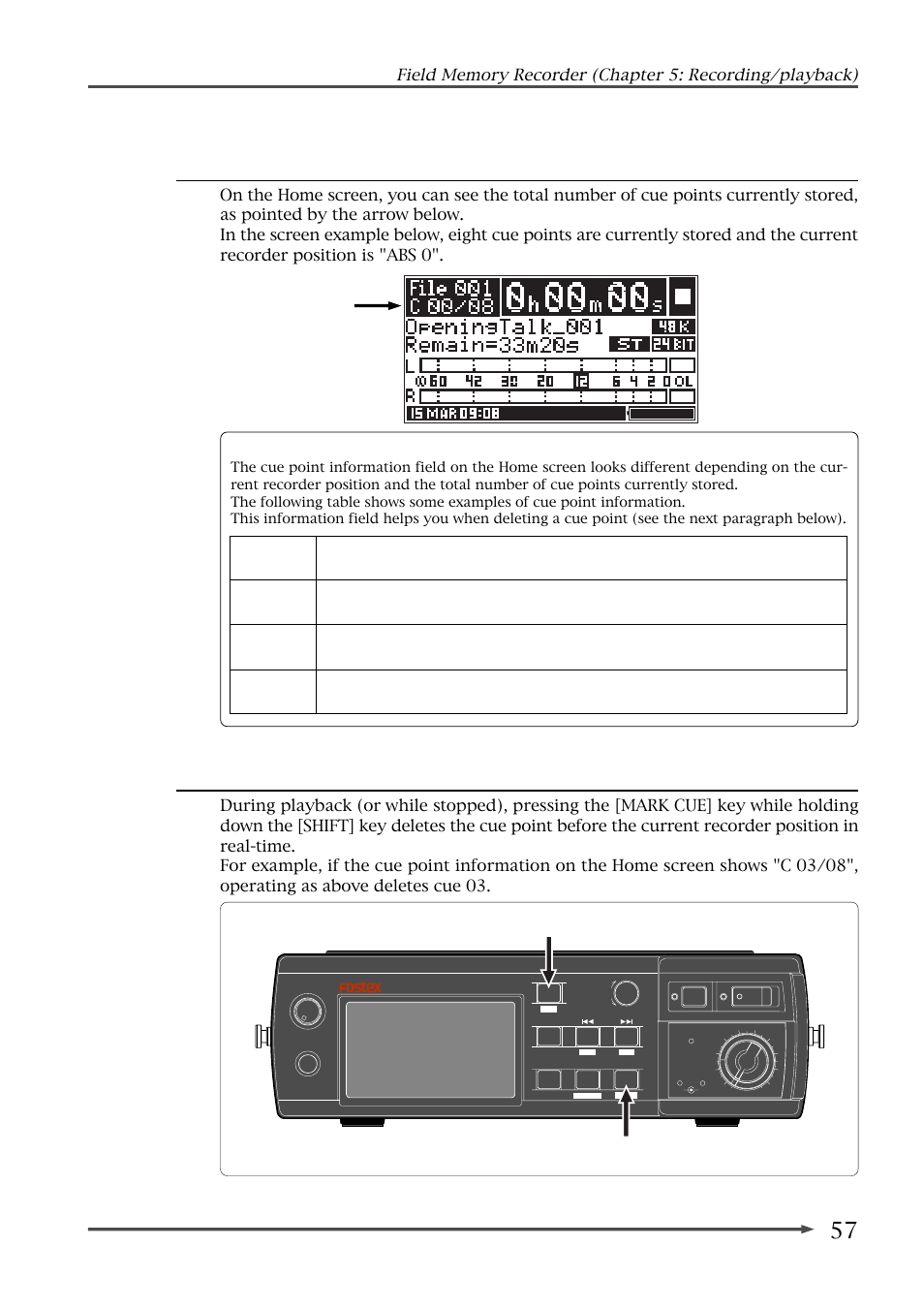 Viewing cue point information, Deleting a cue point in real-time, About cue point information | Mark cue] key [shift] key | Fostex FR-2 User Manual | Page 57 / 110