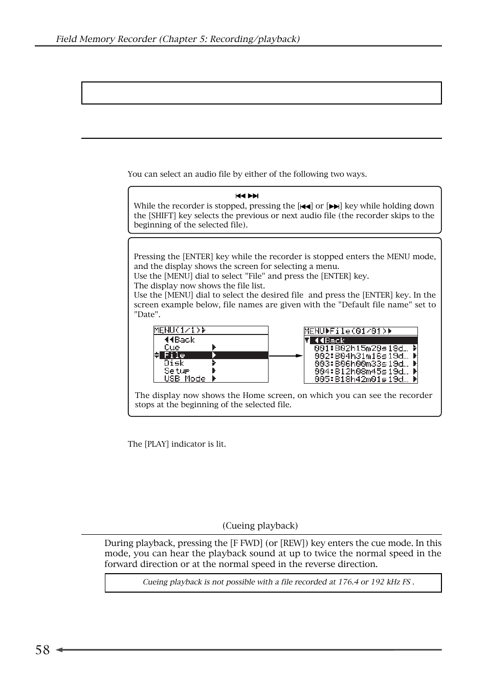 Playback, Playback in the cue mode, Normal audio playback | Fostex FR-2 User Manual | Page 58 / 110