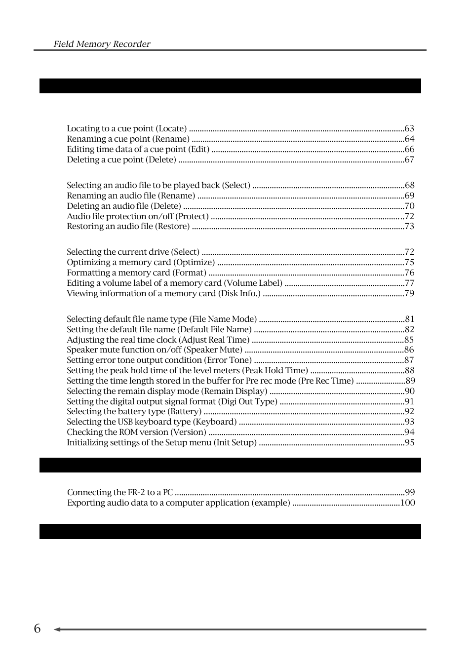 Chapter 7: exporting audio files to a pc, Chapter 8: main specifications, Chapter 6: menu mode | Fostex FR-2 User Manual | Page 6 / 110