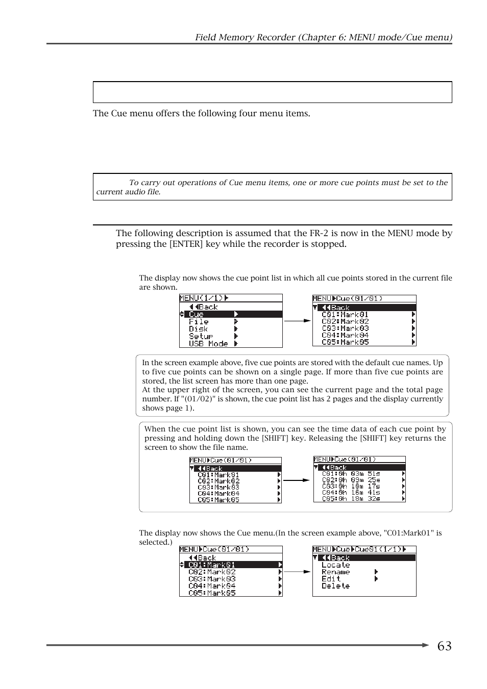 Cue menu, Locating to a cue point (locate) | Fostex FR-2 User Manual | Page 63 / 110