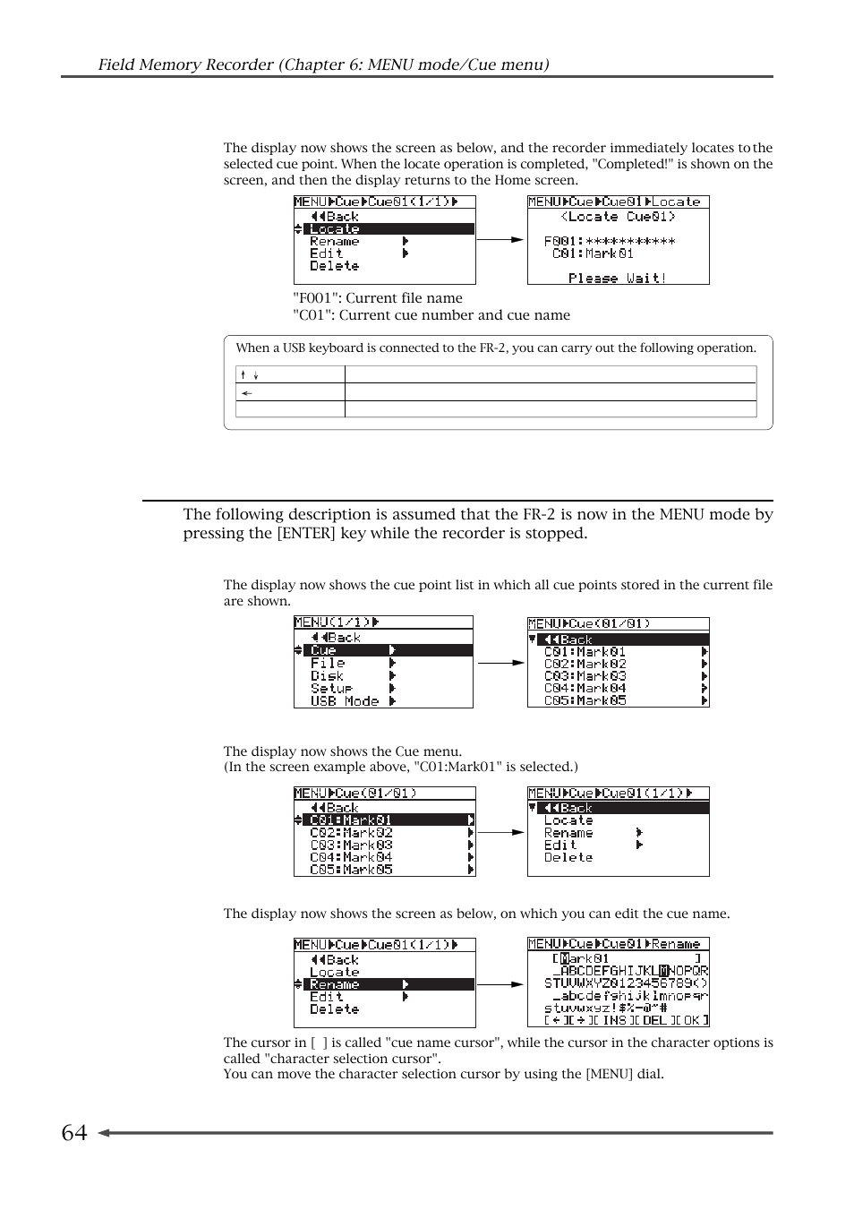 Renaming a cue point (rename) | Fostex FR-2 User Manual | Page 64 / 110