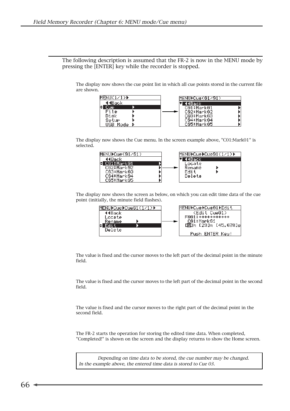 Editing time data of a cue point (edit) | Fostex FR-2 User Manual | Page 66 / 110