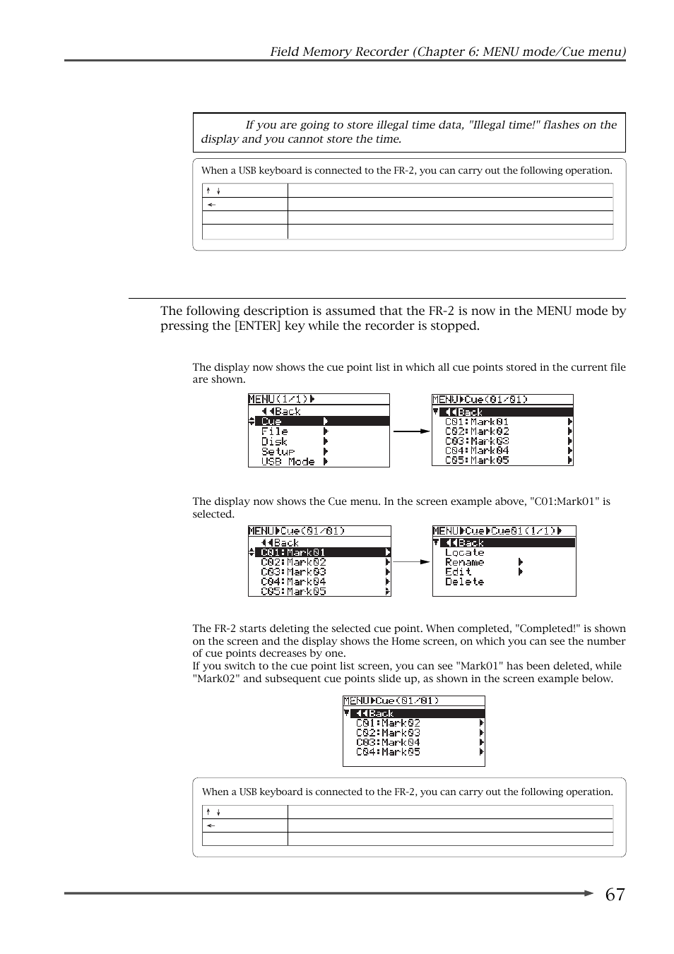 Deleting a cue point (delete) | Fostex FR-2 User Manual | Page 67 / 110