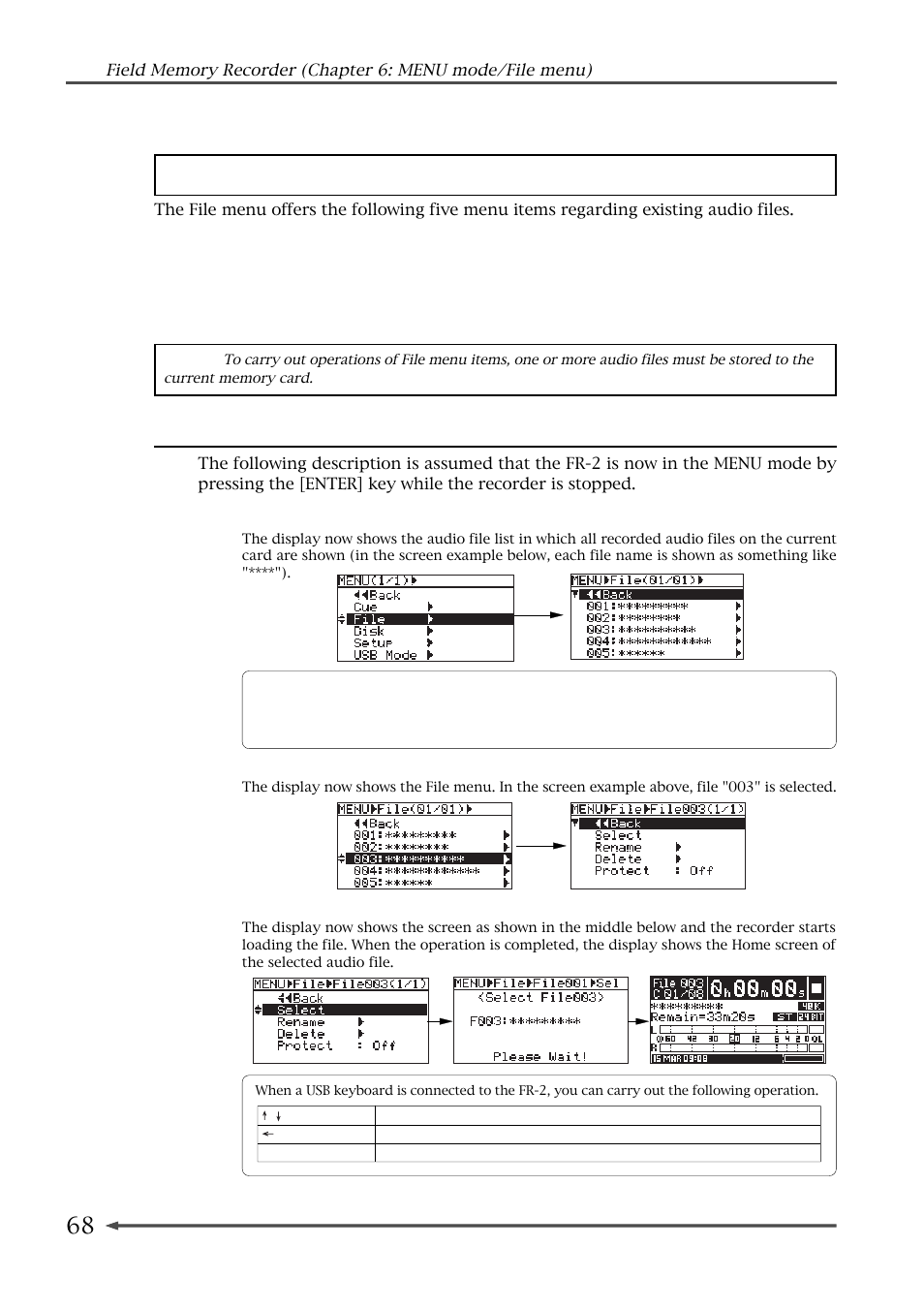 File menu, Selecting an audio file to be played back (select) | Fostex FR-2 User Manual | Page 68 / 110