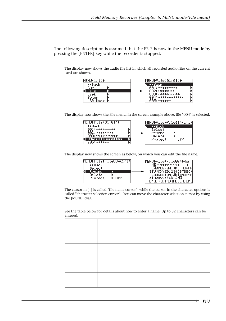 Renaming an audio file (rename) | Fostex FR-2 User Manual | Page 69 / 110