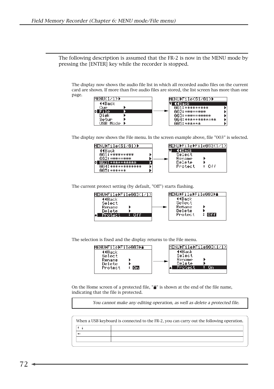 Audio file protection on/off (protect) | Fostex FR-2 User Manual | Page 72 / 110