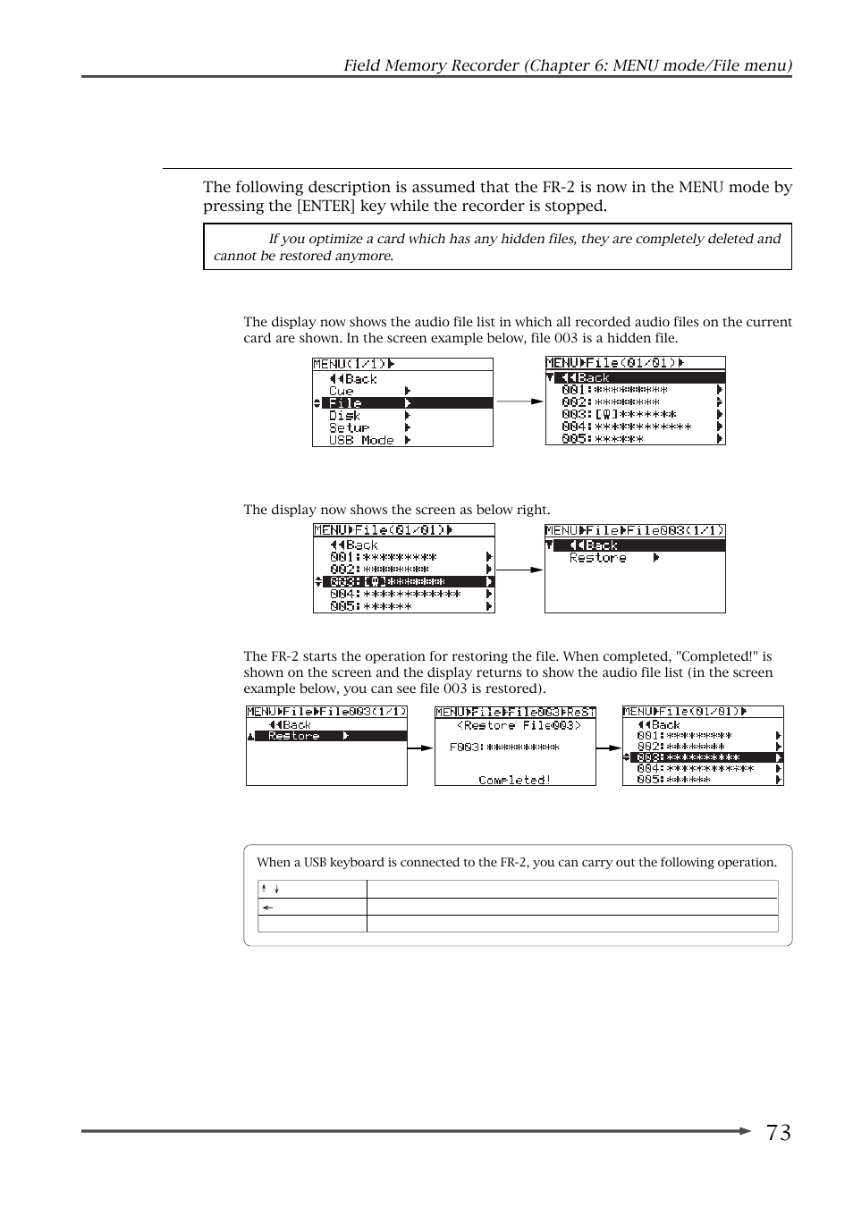 Restoring an audio file (restore) | Fostex FR-2 User Manual | Page 73 / 110