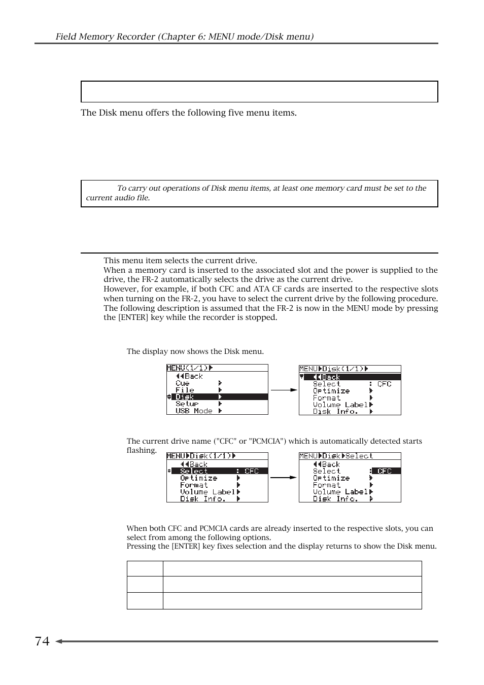 Disk menu, Selecting the current drive (select) | Fostex FR-2 User Manual | Page 74 / 110